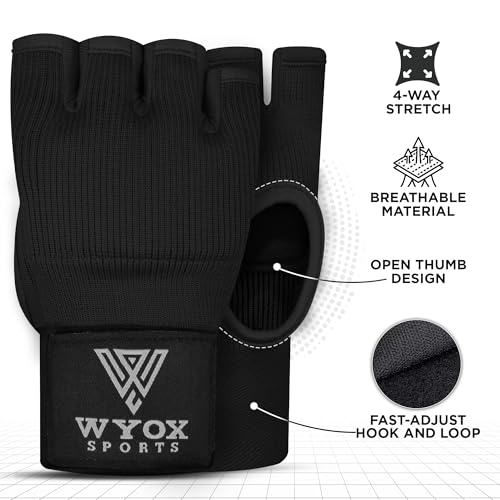 Image of WYOX Gel Boxing Hand Wraps Inner Gloves for Men & Women - 80cm /31inch Quick Wrist Strap, Padded Knuckle Support, Fingerless MMA Muay Thai Kickboxing Wraps for Training, Punching & Martial Arts