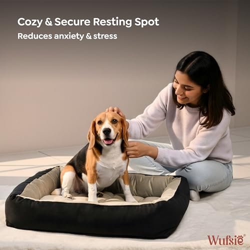 Image of Reversible Rectangle Dog Bed | Medium 60 X 75 Cm Pet Bed for Dogs and Cats | Premium Velvet, Washable Fabric | Soft Sofa-Style Bed for Dog with Thick 15 Cm Insert | Black & Cream