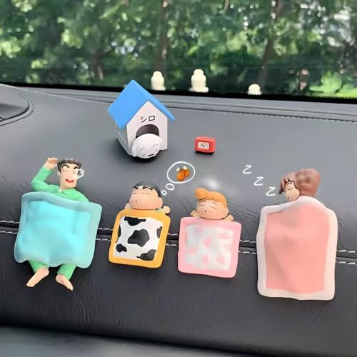 Image of Shinchan Sleeping Family Mini Figure Set | Cute Shin Chan Cartoon Sleeping Pose PVC Figurines with Shiro Dog House for Car Dash, Table & Shelf Decor | Anime Gift Set for Kids & Fans