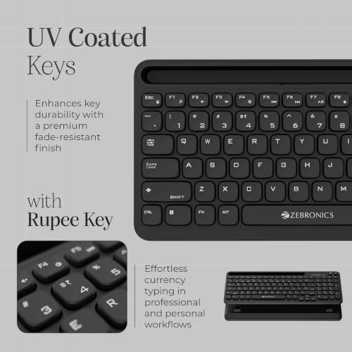 Image of Zebronics Keypad X3 Wireless Keyboard, 102 Keys, 12 Multimedia Keys, 2.4GHz + BT, UV Coated Keycaps, Mobile & Tablet Holder, ₹ Rupee Key, Retractable Stand, USB Nano Receiver (Black)