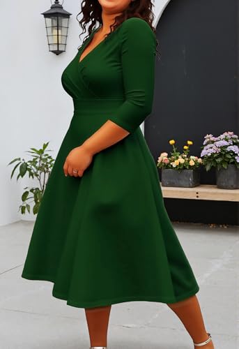 Image of Womens Plus Size Dresses Faux Wrap Summer Dress 3 /4 Sleeves V Neck 1950s Retro Vintage Wedding Party Midi Dress