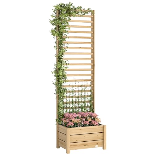 Outsunny Hochbeet mit Rankgitter Holz erhöhter Blumenkasten mit Spalier Abflussloch Vliesstoff, Pflanzkasten Pflanzkübel Blumenkübel Rankkasten für Kletterpflanzen Garten 60 x 39 x 200 cm Naturholz