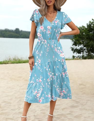 Image of Zeagoo Women's Summer Casual Dress Flutter Short Sleeve V Neck Button Down Tiered Flowy Long Dress with Pockets