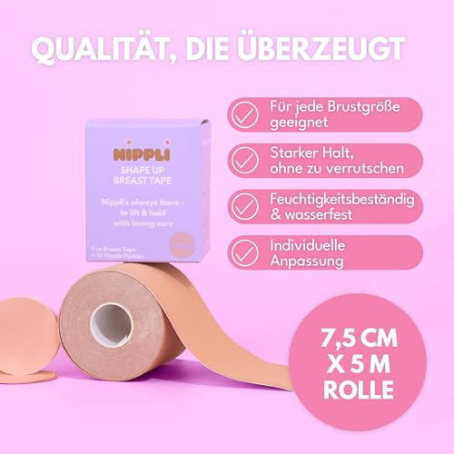 Nippli Shape Up Breast Tape (Nude) – NippelCover 7,5cm x 5m, inkl. 10 Nipplepads – Brust Tape – für den perfekten Halt ohne BH – Feuchtigkeitsbeständig & extra Breit