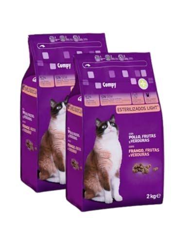 Pienso para Gatos Adultos Esterilizados Light, con Pollo, Frutas y Verduras, 2 Bolsas de 2 kg - Compy