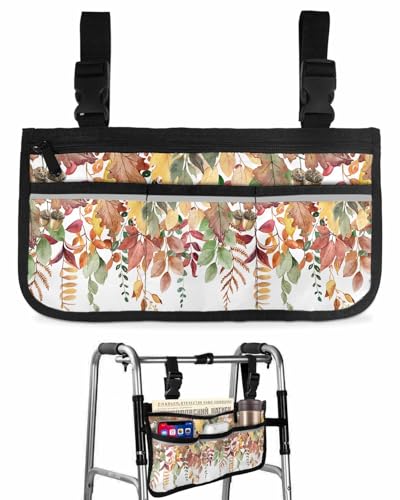 Anzona Fall Botanical Wheelchair Side Bag Walker Bag, Autumn Watercolor Eucalyptus Leaves Wheelchair Accessories Armrest Pouch, Organizer Storage Bag for Walkers, Rollators, Scooters, 7.3''x13''