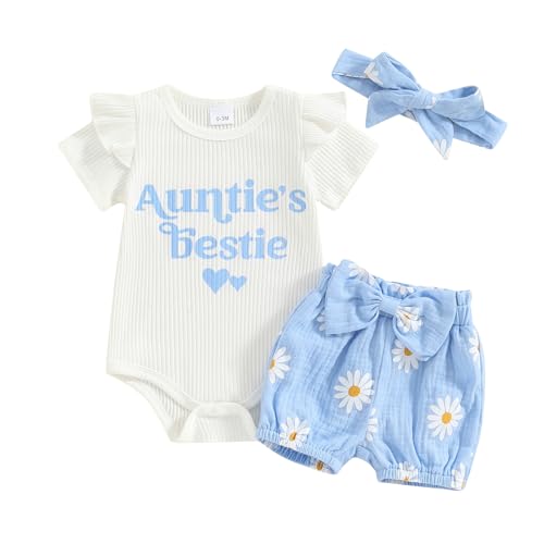 Tsnbre Newborn Baby Girl Clothes Daddys Girl Short Sleeve Romper Floral Shorts Headband Infant Summer Outfits (Auntie's Blue, 0-3 Months)