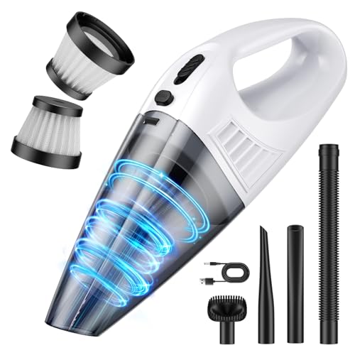 Aspirador de Mano Potente 9000Pa, Aspiradora Coche sin Cable Portátil 120W | con Motor sin Escobillas Batería Recargable 3600mAh, 2 Filtros, 3 Boquillas para Coche Oficina Hogar Cocina Pelo de Mascota