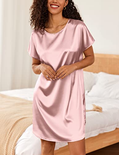 Ekouaer Women's Satin Nightgown Short Sleeve Sleepshirt Scoop Neck Nightshirt Silk Sleepwear Casual Cover Up Dress With Belt Pink #TOP2