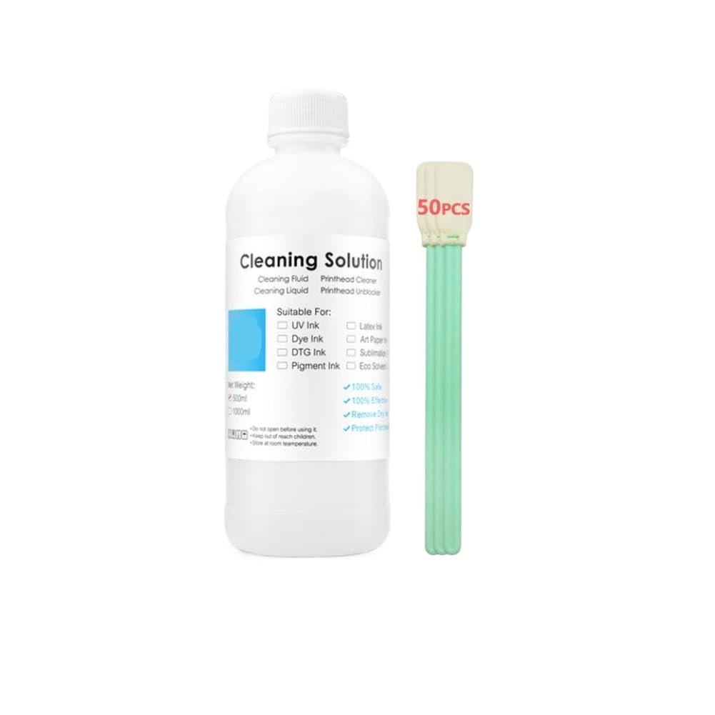 Solución de Limpieza de Tinta DTG, líquido Limpiador Universal para Cabezal de impresión de Tinta Textil, Compatible con Impresora, 500ML(500ml-50 Swabs)