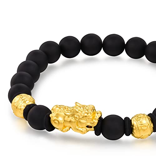CHOW SANG SANG Cultural Blessings 999 24K Solid Gold Om Mani Padme Hum Pixiu with Black Chalcedony Beaded. Beads Blessing Bracelet for Men & Women 91024B | Size 64