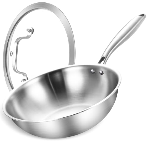 LOLYKITCH Wokpfanne Edelstahl 26 cm mit Deckel, Unbeschichtete Wok Pfanne für Induktion & Gasherd, Edelstahlpfanne ohne Beschichtung, Stainless Steel Wok, genieteter Griff