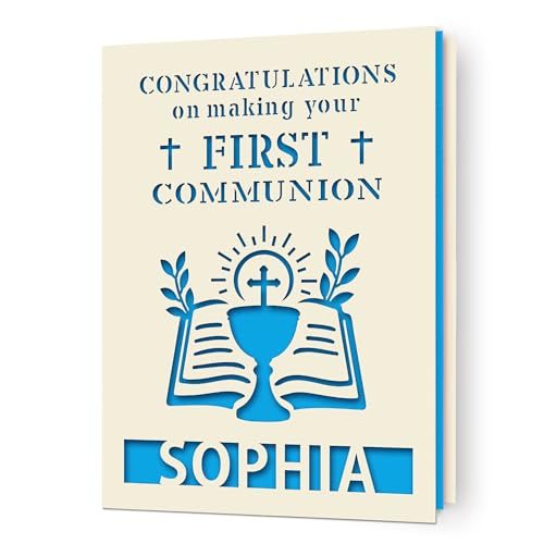EDSG Personalised First Holy Communion Card Communion Congratulations Card with Envelope First Holy Communion Card Gifts for Boys Girls Daughter Granddaughter Grandson (Blue)