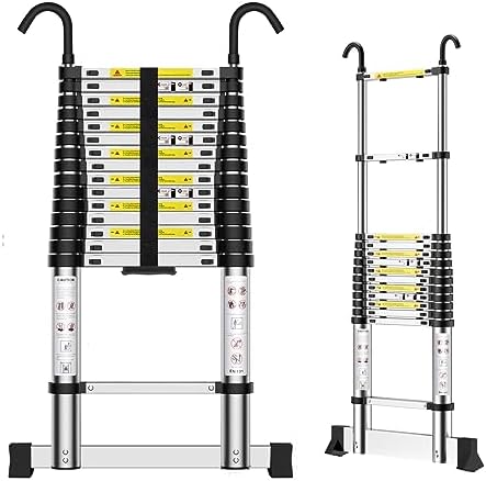 Teenza 6.2M Telescopic Ladder, Extension Ladder with Hooks and Stabilizer, Portable Loft Ladders Aluminium, Max Load 150kg/330lb