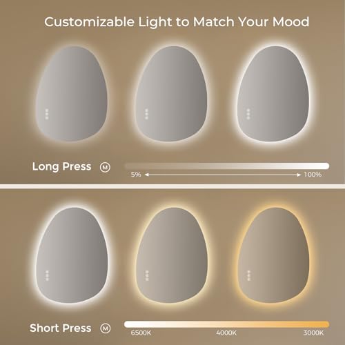 S'AFIELINA Bathroom Mirror with LED Lights 60 x 45 cm Asymmetrical LED Bathroom Mirror with Smart Touch Switch, 3 Colors Dimmable Light, Anti-Fog, Memory Function Wall Mounted Vanity Mirror - Image 5