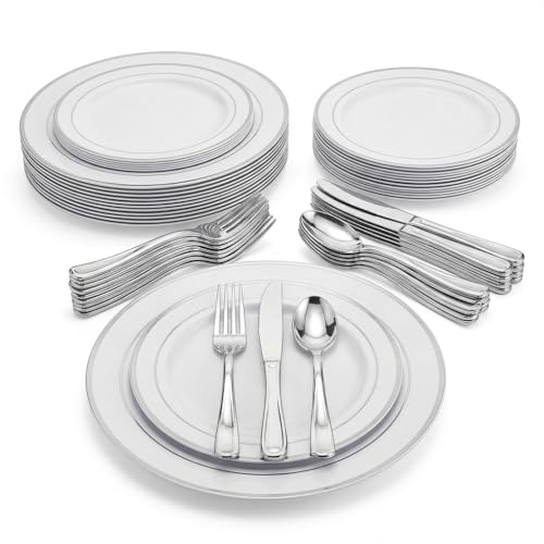 Performore Elegant 125-Piece Disposable Dinnerware Set with Silver Rim – Includes 25 Dinner Plates, 25 Dessert Plates, 25 Forks, 25 Knives, and 25 Spoons – BPA-Free Plastic Party Set for 25 Guests