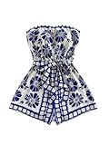 Floerns Women's Boho Floral Strapless Jumpsuit Sleeveless Vacation Short Belted Romper Blue and White Medium