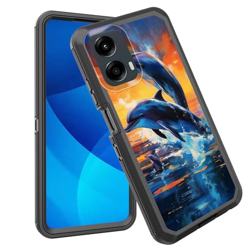 GFEWYTJYJ for Moto G 5G 2024 Case,Shockproof 3-Layer Full Body Protection Rugged Heavy Duty High Impact Hard Cover Case for Motorola Moto G 5G 2024 6.6 Inch,Dolphins Jumping Sunset