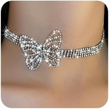 Missgrace Boho Silver Rhinestones Butterfly Choker Necklaces Dainty Layering Chain Necklace Simple Adjustable Butterfly Short Pendant Necklaces Sexy Necklaces for Women