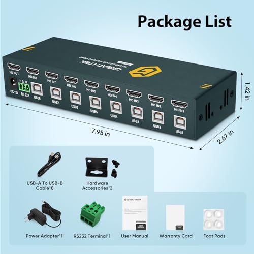 Image of 8 Ports HDMI KVM Switch, 8 Computers Share 1 Monitor Keyboard and Mouse, USB2.0 4K@30HZ 8 in 1 Out Monitor Switch with Hotkeys, Adaptive EDID