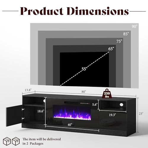 Image of AMERLIFE 80 inch Fireplace TV Stand for TVs up to 90 inch, Modern TV Console with 40 inch Electric Fireplace & High Gloss Storage Cabinets, Media Entertainment Center with 12 Colors LED Lights, Black