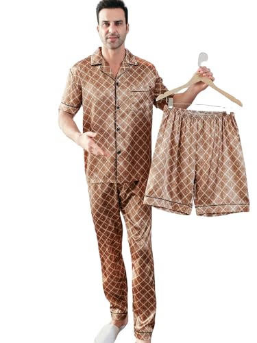 Mens Pajamas Silky Fabric Short Sleeve、 Shorts And Long Pants Loungewear Pijamas Para Hombres Button-Down Pj Set