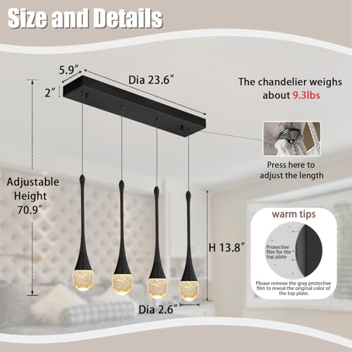ykolupty Dining Room Light Fixture 4-Light Black Kitchen Island Lighting Industrial Linear Crystal Chandeliers for Dining Room Pendant Light Fixture for Living Room Hallway Bedroom by ykolupty - Image 3