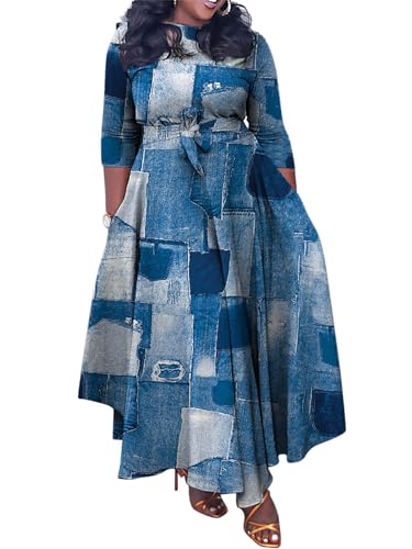Baczoe Birthday Outfits for Women Plus Size Fall Denim Dresses with Pockets Tie Waist (Denim Print, 2XL)