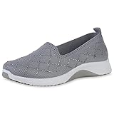  VAN HILL Damen Sportschuhe Slip Ons Sportlich Flache Strass Schuhe Strick Slippers Profilsohle Freizeit Stoffschuhe 212029 Grau 39