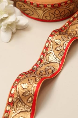 Image of Banarasi Silk Border Lace for Saree, Dupatta, Lehenga, Suit, Blouse & Home Furnishing, Crafting DIY (Beige Gold, 9 Meters x 2 Inch)