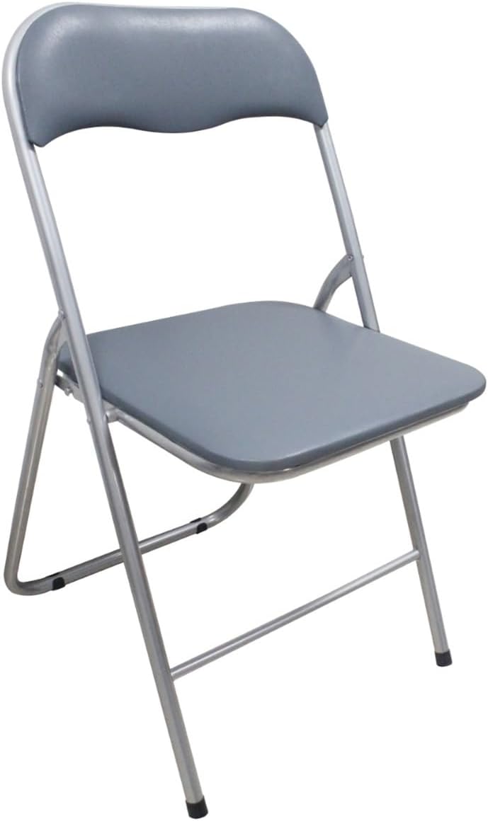HOMION Folding Chair Padded Light Weight Space Saving Desk Chair Silver Frame Faux Leather Padded Seat (GREY)