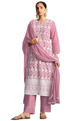 Image of DRESOUL Women Pure Cotton Schiffli Embroidered Kurta Set and Dupatta
