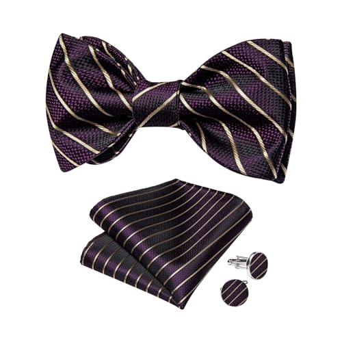 Pajarita clásica a rayas para hombre con set de pañuelo y gemelos