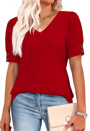Image of OFEEFAN Womens Tops Short Sleeve Shirts Buttons V Neck Spring Fashion Summer Outfits Plus Size Blouses Dressy Casual