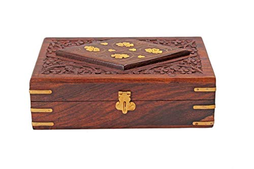 Store Indya Hand Carved Decorative Wooden Jewelry Trinket Holder Organizer Keepsake Storage Box Chest with Brass Inlay