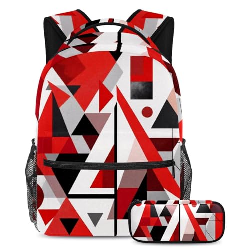 Sac à dos avec trousse motif géométrique rouge | Lot de 2 cartables de jour