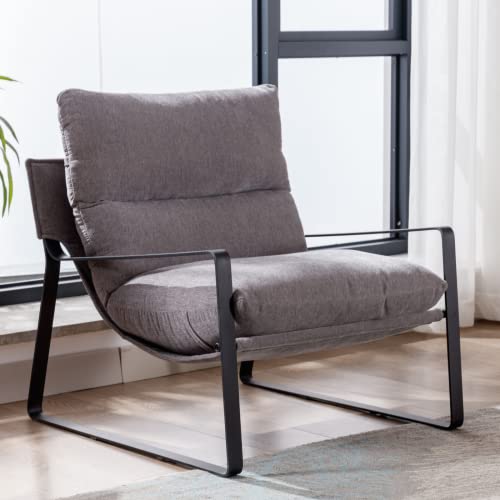 Ya-Home Mid-Century Accent Chair, Comfy Linen Fabric Side Chair with Armrest, Upholstered Leisure Chair with Black Metal Frame for Living Room Bedroom Reception Room, Grey