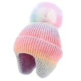 Toddler Knitted Beanie with Ear Flaps Girls Rainbow Pompom Hat Kids Winter Skull Caps Warm Fleece Lined Snow Ski Cap