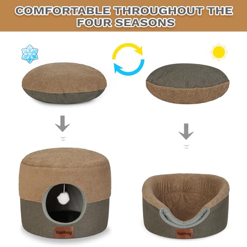 Cat Bed Cave for Indoor Cats, 2-in-1 Foldable Cat Cave & Lounge Bed with Reversible Cushion, Calming Anti-Anxiety Enclosed House for Small Dogs & Puppies, Donut Cozy Hideaway, 17.5 Inches (Brown) - Image 5