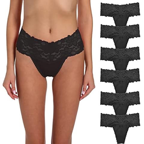 Umiehary 6 Pieces Blacks Thick Blend Stretch Underwear High Waist Lace & Cotton Thongs Size XLarge Cover