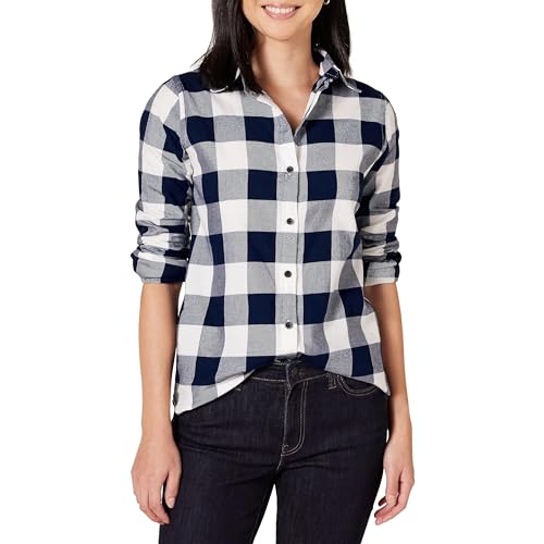 Amazon Essentials Damen Regular-Fit Leichtes Kariertes Langarm-Flanellhemd, Marineblau Buffalokaros, M