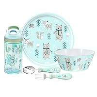 Zak Designs 5-Piece Dinnerware Set, Forest Friends - Durable Plastic & Stainless Steel - Includes Water Bottle, 8-Inch Plate, 6-Inch Bowl, Fork & Spoon - Suitable for Kids Ages 3+