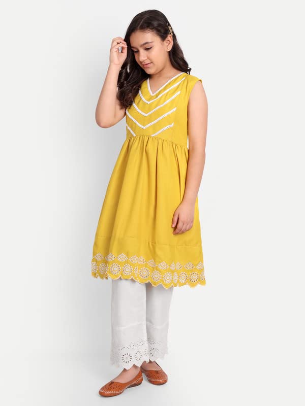 Image of Modish Couture Kid's Girl Stylish Fashionable Self Design Kurta & Plazzo Set (Musterd &White) - MDCT 021
