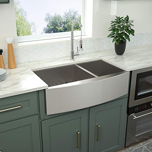 36 Farmhouse Sink Double Bowl- Logmey 36 Inch Stainless Steel Kitchen Sink 18 Gauge Apron Front 60/40 Double Bowl Kitchen Farm Sink #TOP2