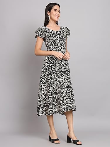 Image of Dream Beauty Fashion Women's Polyester Printed A-line Round Neck Bell Sleeve Knee-Long Dress (Elora-Dress-01)