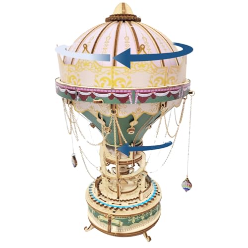 3D Wooden Puzzles for Adults, Dream Hot Air Balloon DIY Handcrafted Steampunk Rotating Music Box Model Kit with LED Lights, Creative Home Decor Gifts for Adults Youth (141PCS)