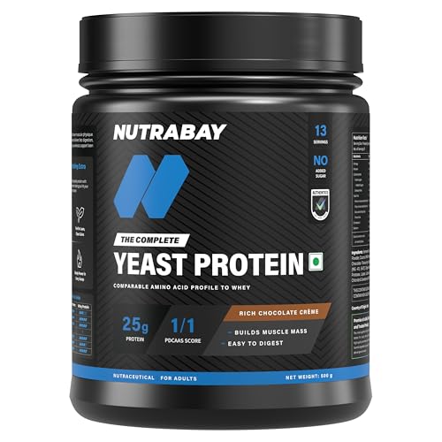 Image of Nutrabay Fermented Yeast Protein Powder - 500g, Rich Chocolate Creme | 25g Protein, 6.7g BCAA | 9 EAAs | PDCAAS 1 | Gut Friendly | Superior Muscle Growth | Sugar, Lactose & Soy Free