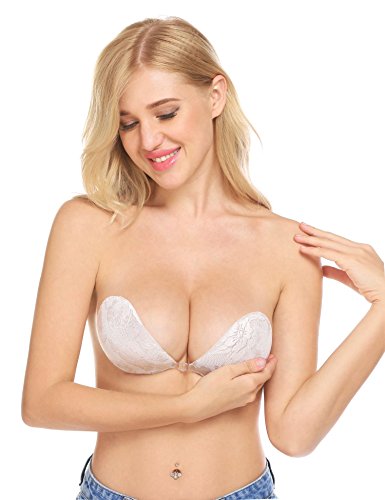luxilooks Women's Sticky Push up Backless Bra for Big Bust White-Lace C Bra