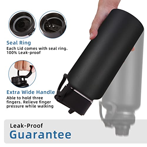 Image of Volhoply 32oz Insulated Water Bottles Bulk 2 Pack with Straw Lid & Spout Lid,Stainless Steel Sports Water Bottle,Double Wall Vacuum Cups,Leakproof Wide Mouth Metal Flask for Hiking,Camping(Black,2)