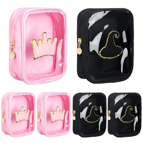 SATINIOR 12 Pcs Witch Party Favor Bags Mini Pink and Green Makeup Bags Chenille Organizer Pouches Clear with Zipper 5 x 6 Inch Waterproof Travel Purse for Women Birthday Supplies